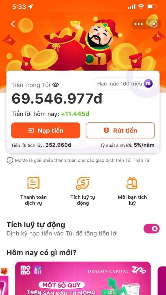 Giao diện nạp và rút tiền vào Túi Thần Tài Momo